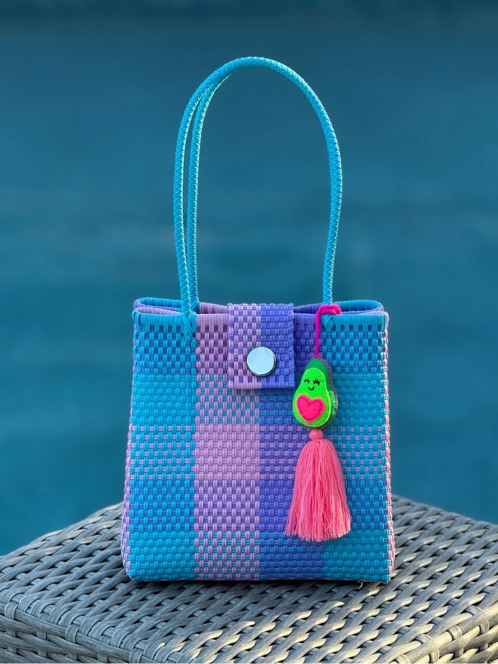Turquoise Pink Purple Woven Tote with Tassel Charm